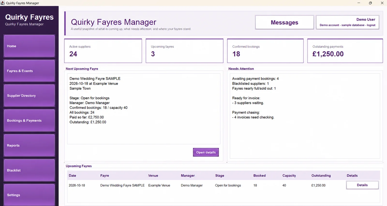 Quirky Fayres Manager event management dashboard screenshot